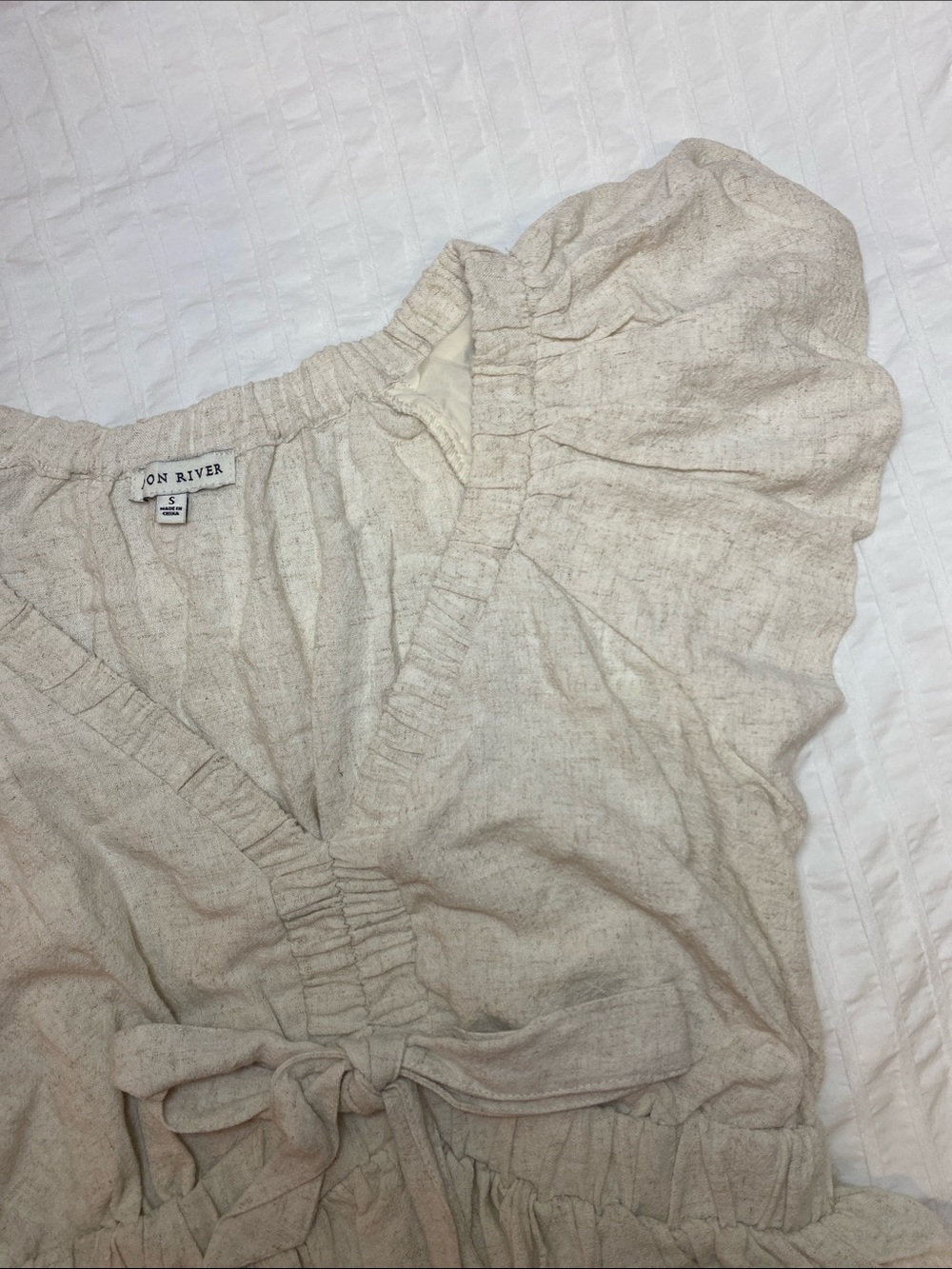Moon River Cream Linen Tie-Front Ruffle Crop Top